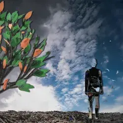 Work titled Human Trash that represents a human figure made of waste walking amongst a pile of garbage towards a blue sky, next to a tree with plastic leaves.